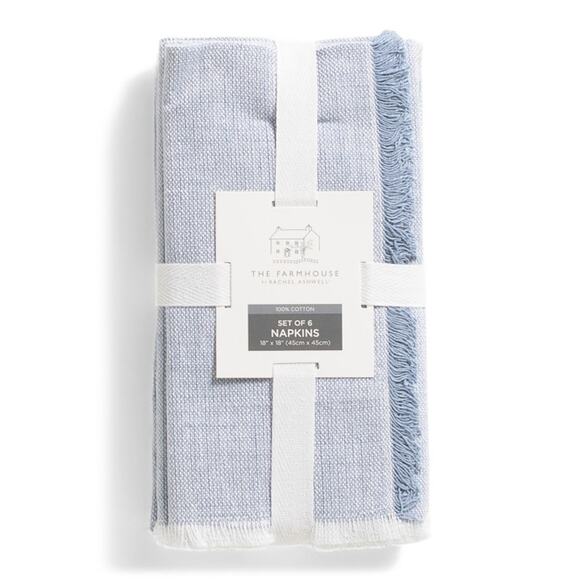 RACHEL ASHWELL The Farmhouse Blue Raw Edge 18 X 18 Cloth Napkins Set 6 NEW - Picture 3 of 9